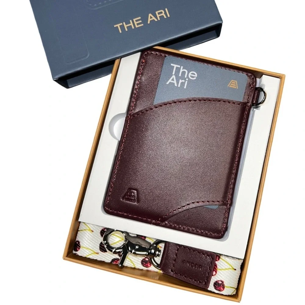 Andar The Ari Slim Leather Card Holder Wallet Wild Cherry Print with Lanyard NEW